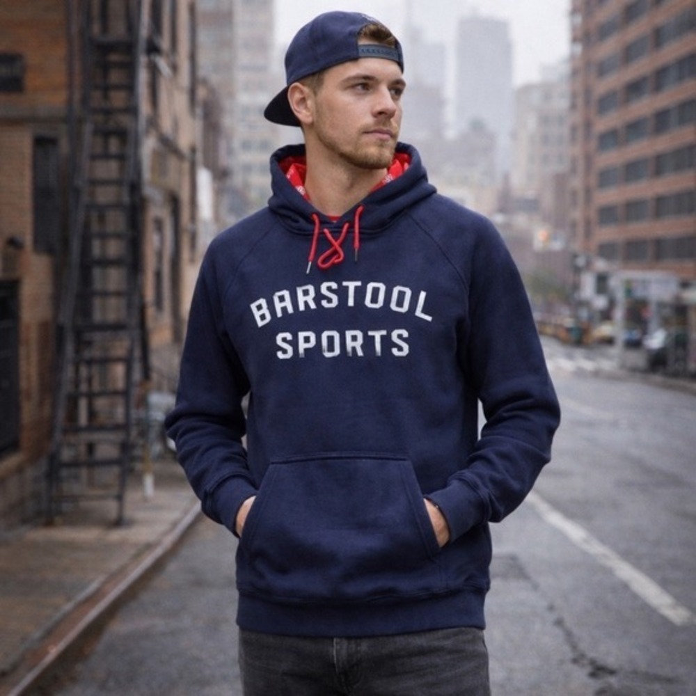 Barstool Sports Men's Small Navy Pullover‎ Hoodie Logo Sweatshirt Cotton Graphic